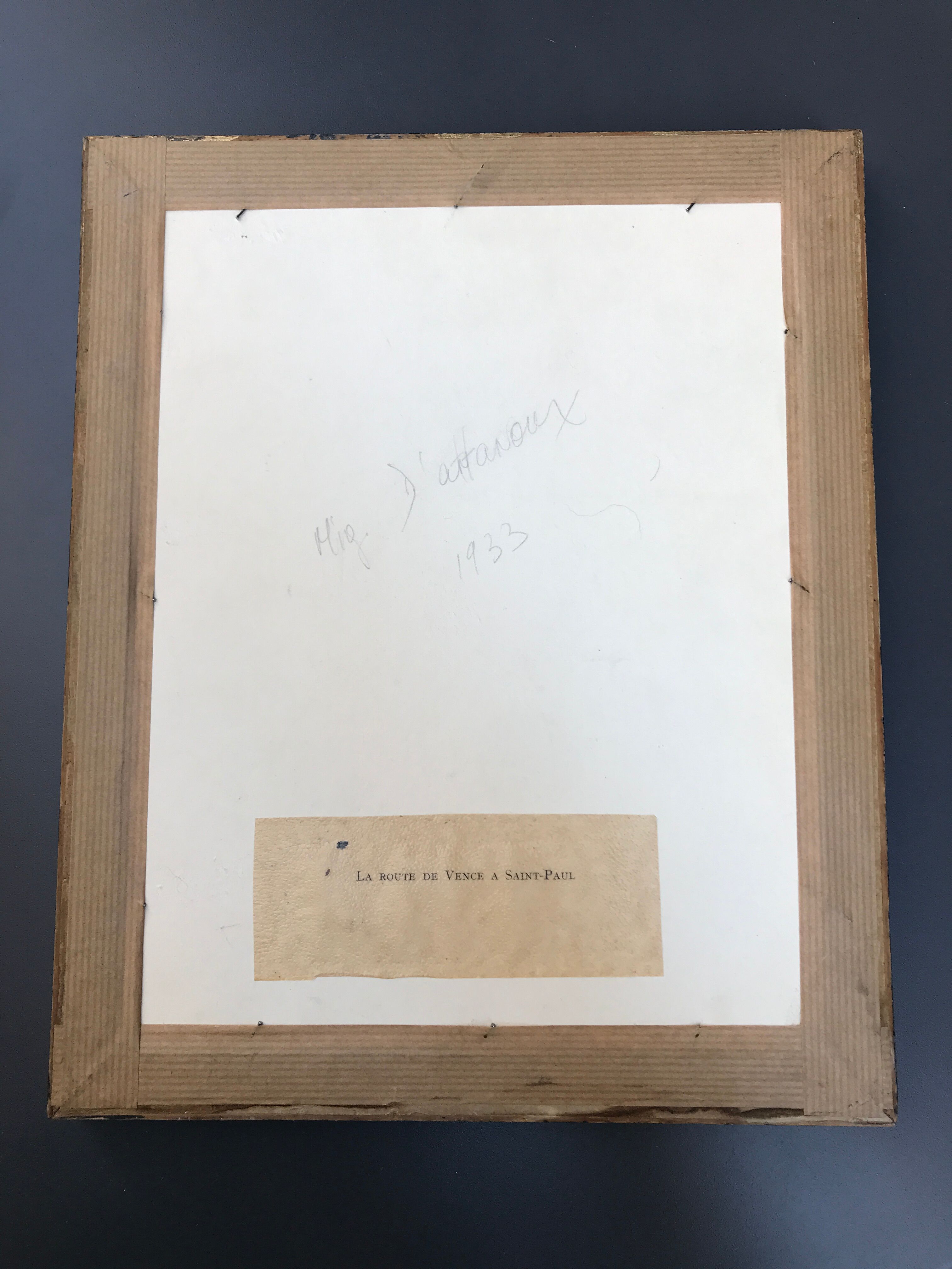 Framed watercolor Route de Vence signed Migueline 1933