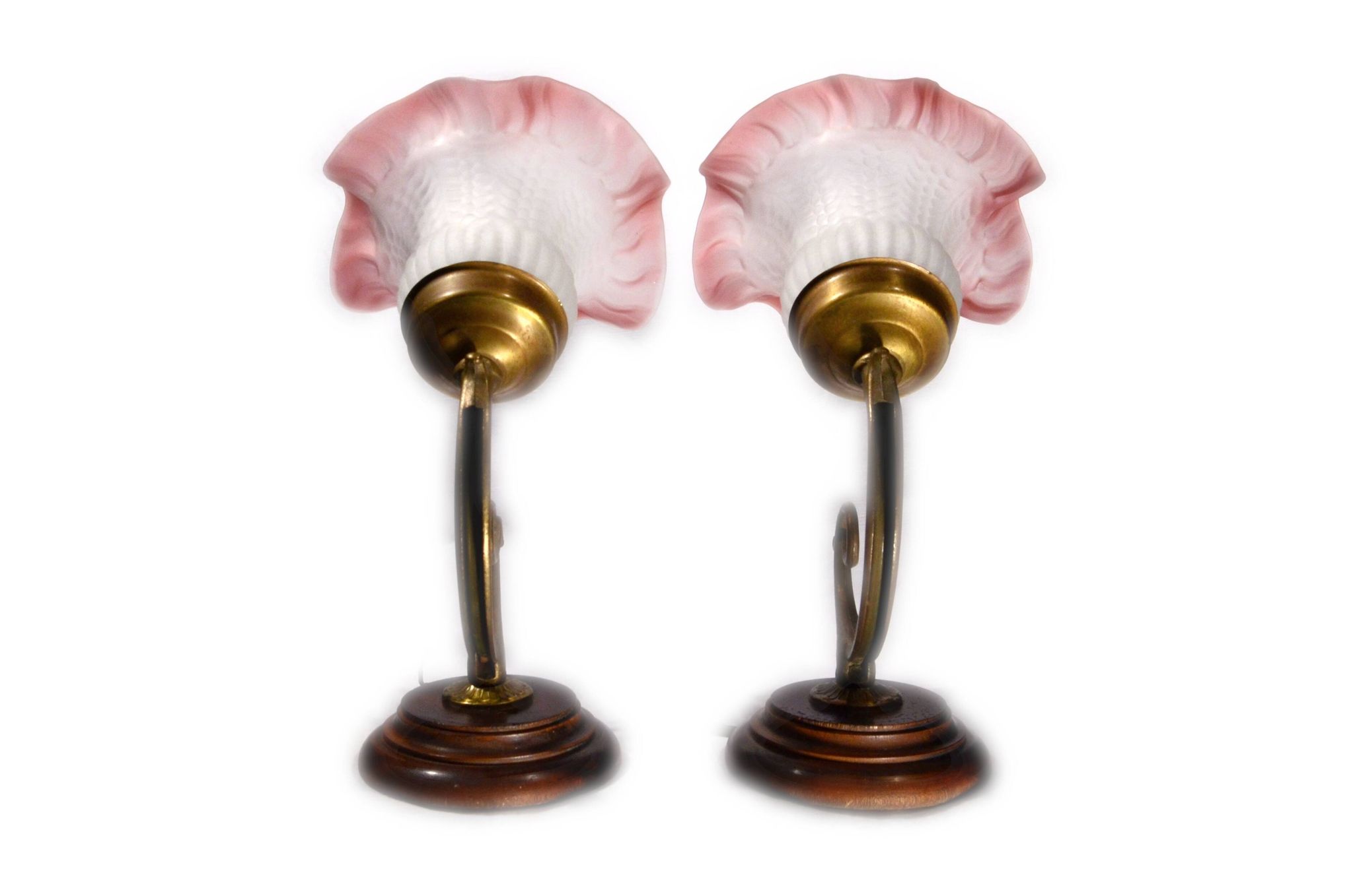 Set of 2 tulip-shaped wall lights in glass, wood, and bronze, art deco style.