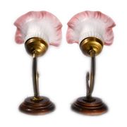 Set of 2 tulip-shaped wall lights in glass, wood, and bronze, art deco style.