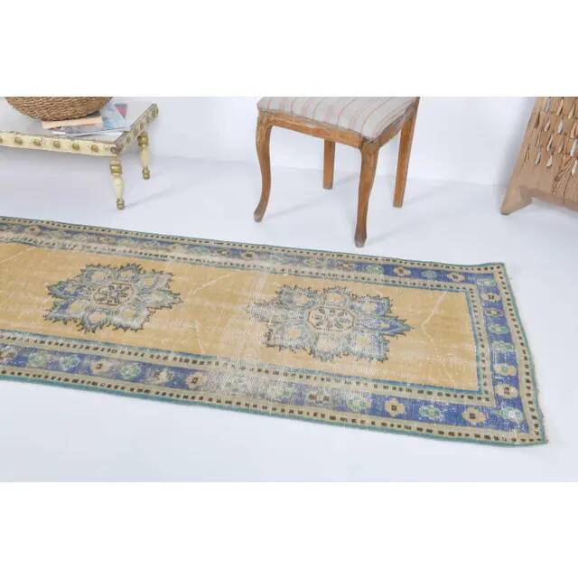 Vintage Turkish hand-knotted wool cotton yellow runner 78x340