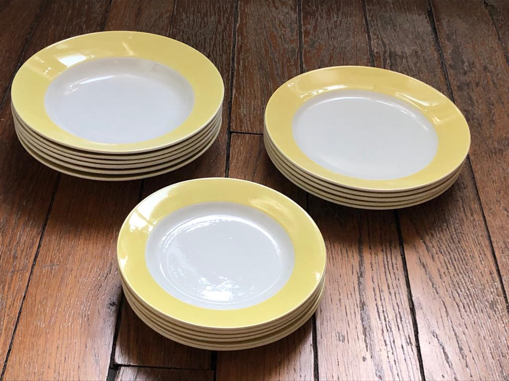 Vintage 1960s crockery service, wide yellow-brimed