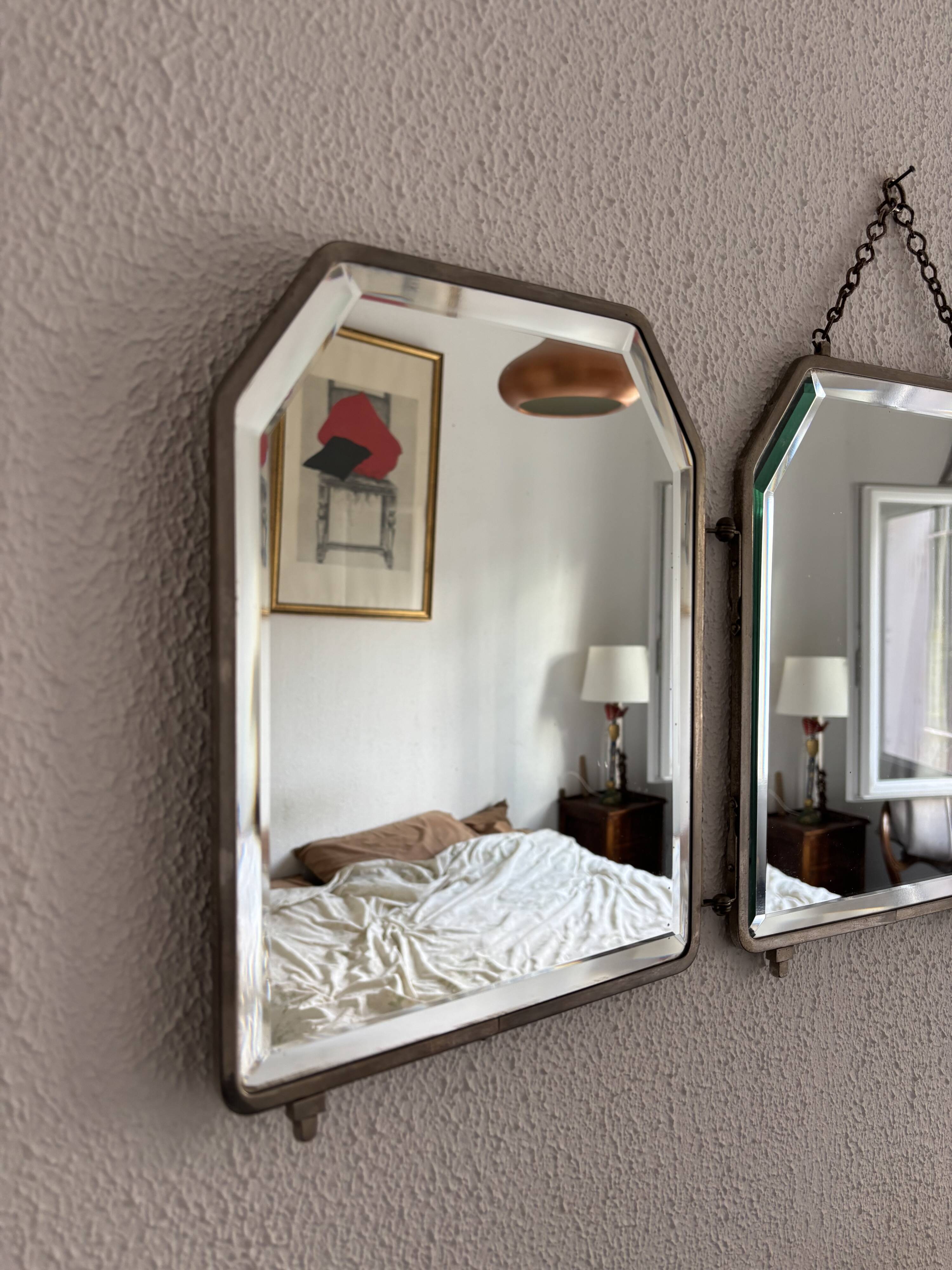 Miroir vintage 1920 triptyque barbier Art Déco cristal hexagone- 33 x 78 cm