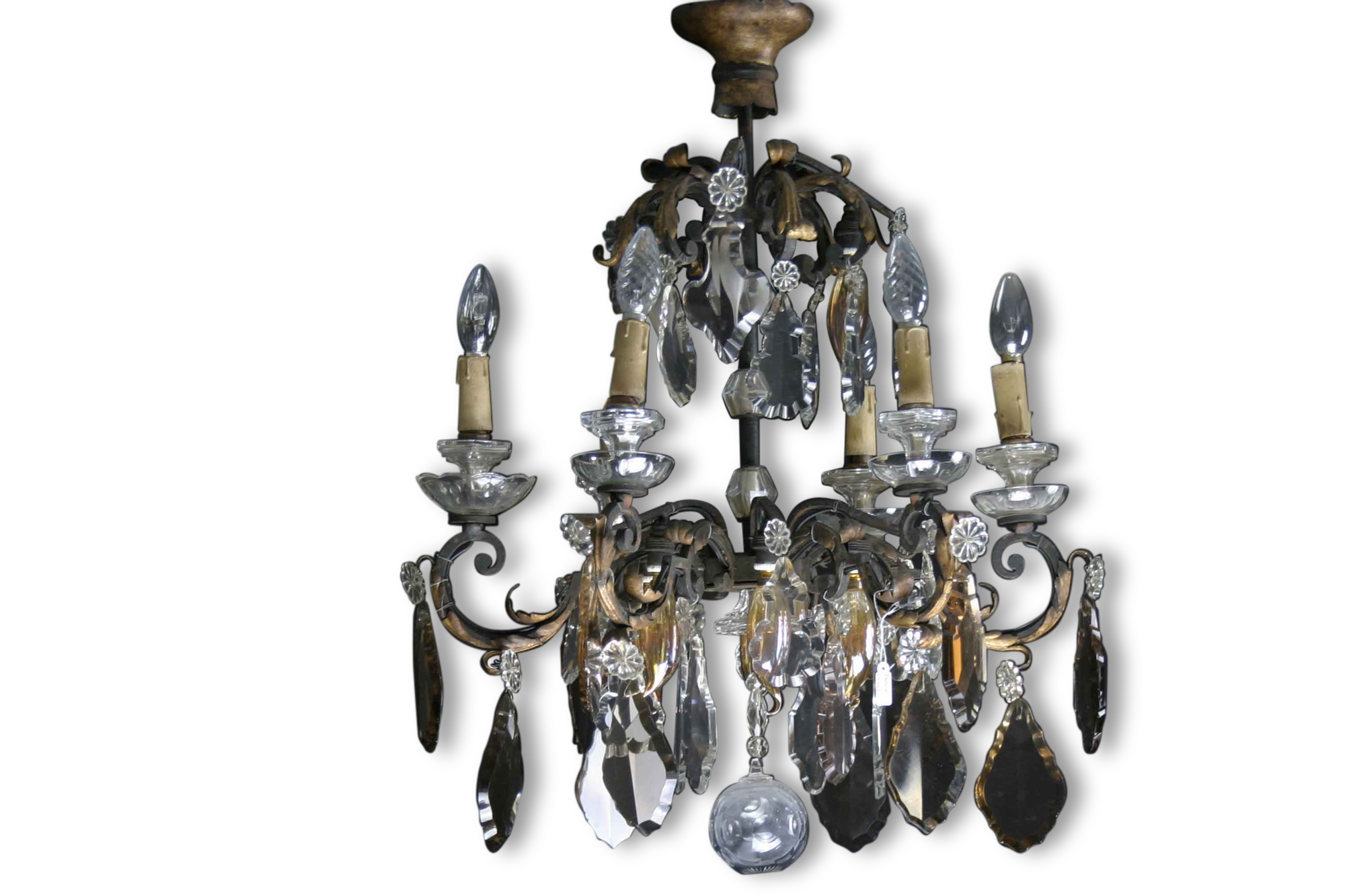Chandelier hanging from the eighteenth century, Crystal white and amber, bronze and gilded wrought iron