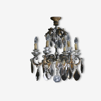 Lustre à pampille du XVIIIème siècle, cristal blanc et ambré, bronze et fer forgé doré