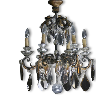 Lustre à pampille du XVIIIème siècle, cristal blanc et ambré, bronze et fer forgé doré