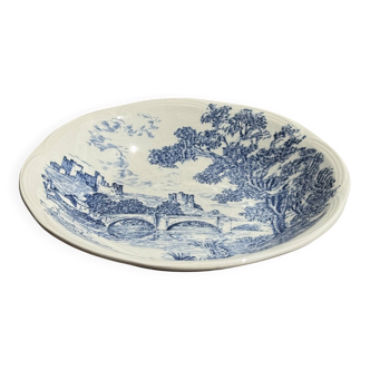 Assiette creuse en faïence de Gien à motif de paysage bleu