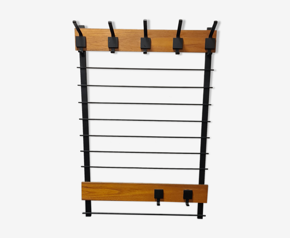Coatrack mural vintage en teck et métal
