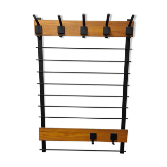 Vintage wall mounted teak and metal coatrack