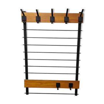 Vintage wall mounted teak and metal coatrack