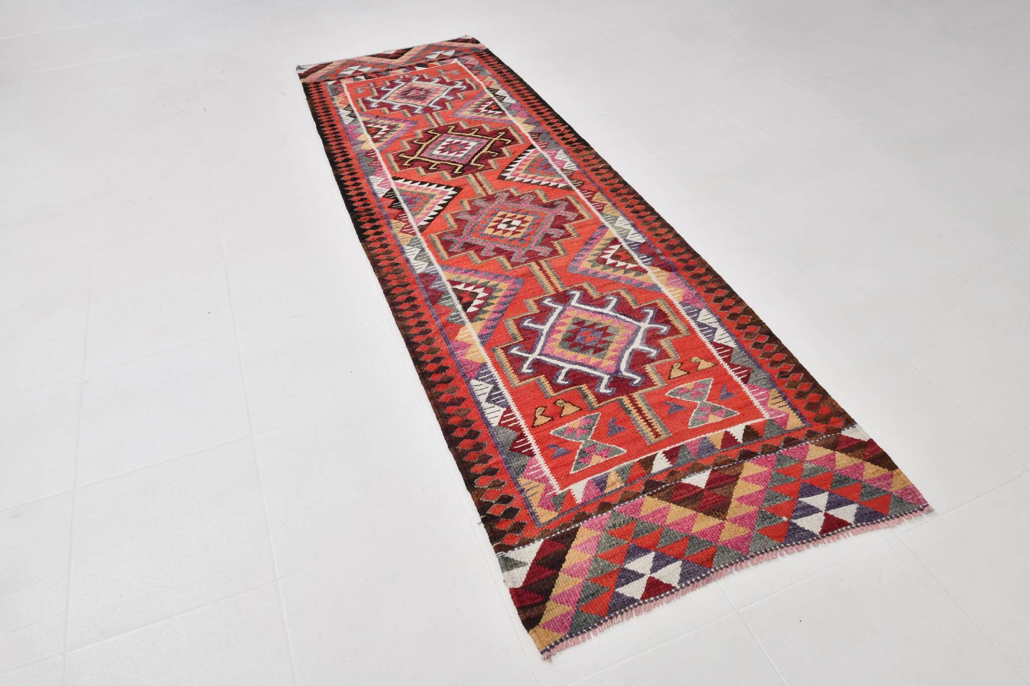 3x10 Vintage Burgundy Kilim Runner Rug 95x302Cm