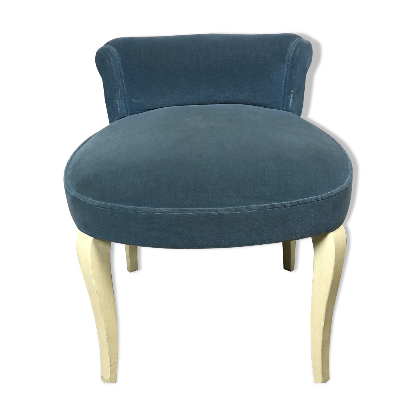 1930 blue velvet hairdresser chair and curved wooden feet