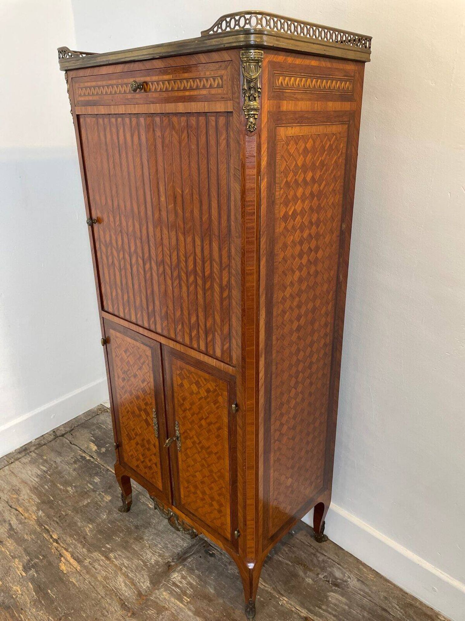 Louis XVI music cabinet, marquetry, brass gallery, marble top