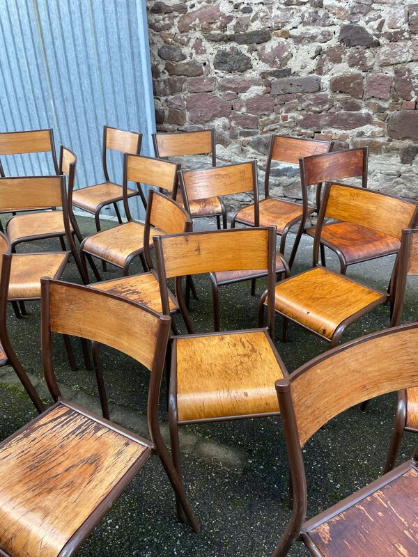 20 chaises d'école vintage en métal et bois design Mid-century vintage 1960 french Mullca