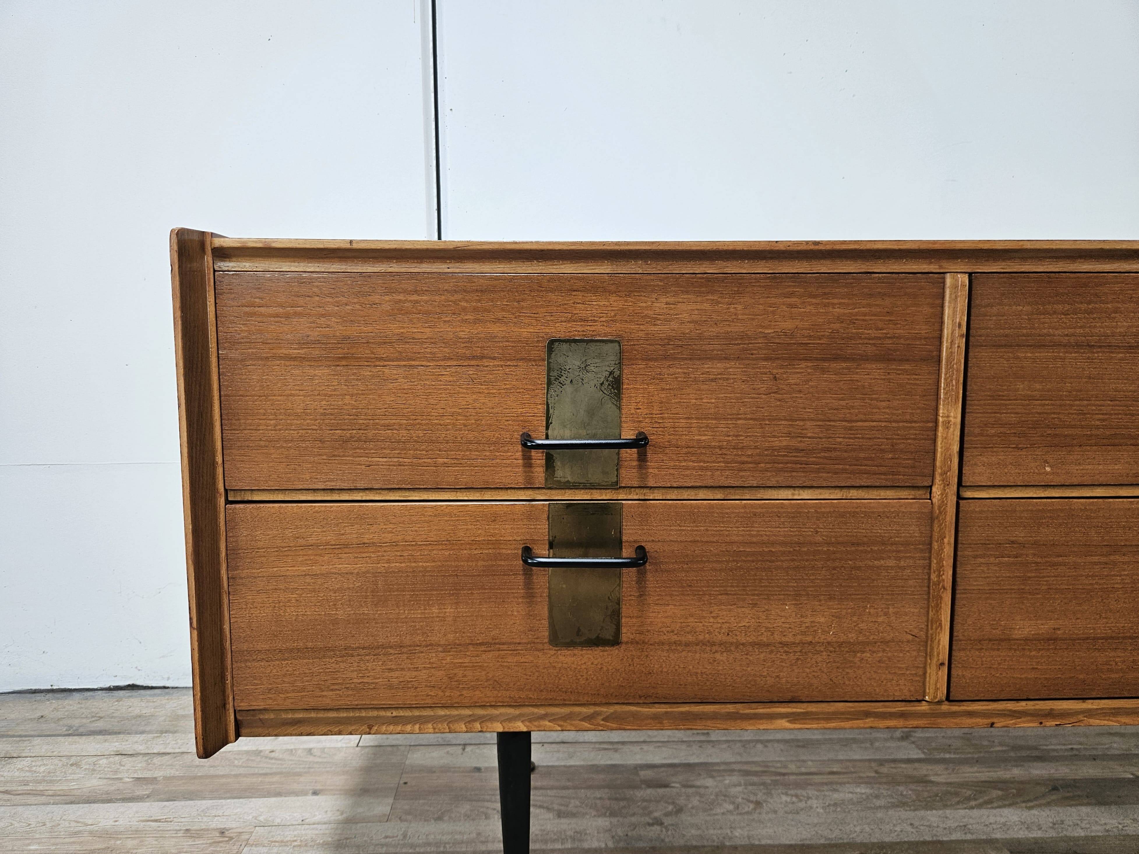 1960s walnut chest of drawers with iron and brass details