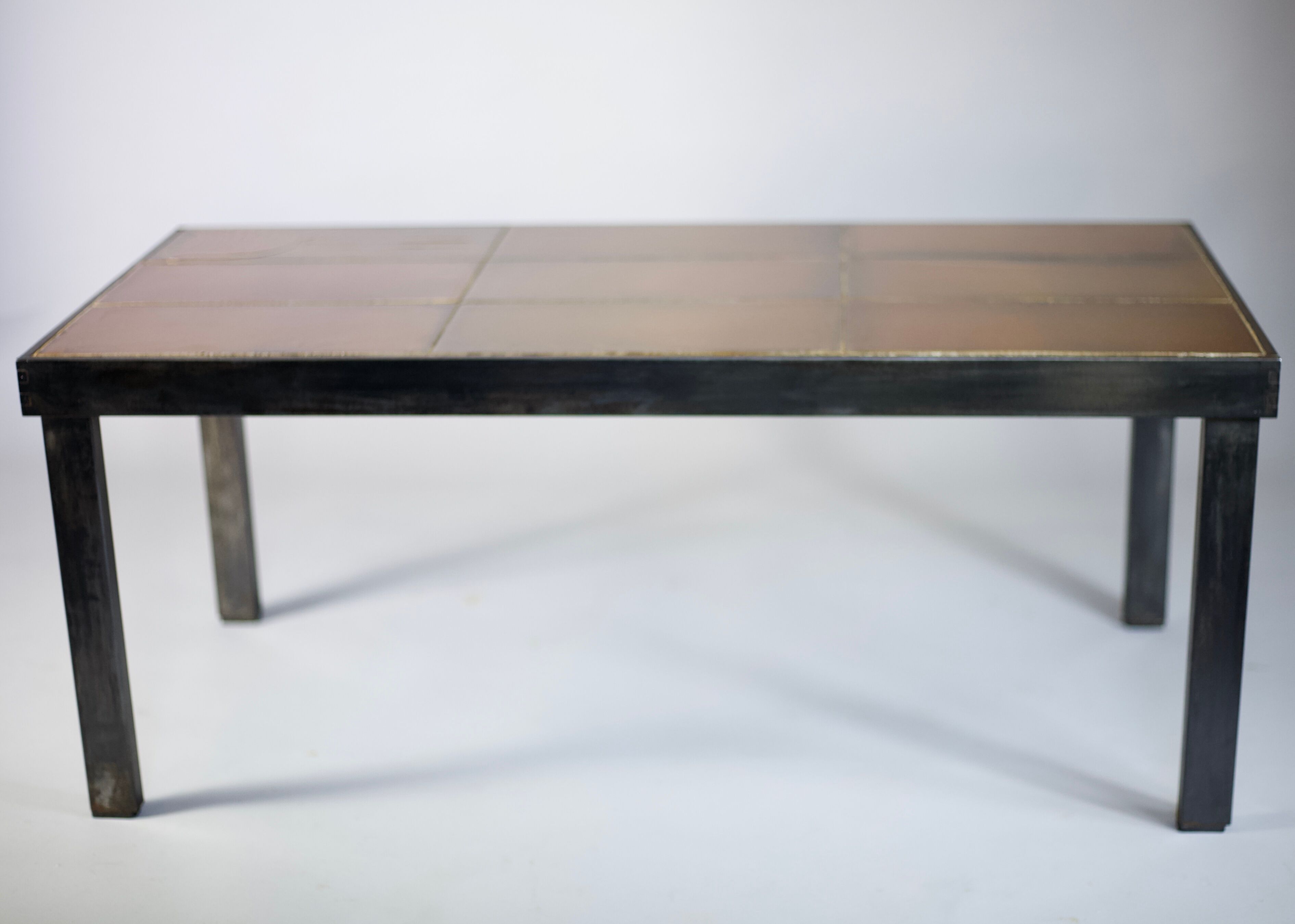 Coffee table signed Roger Capron, steel and ceramic, bird motif