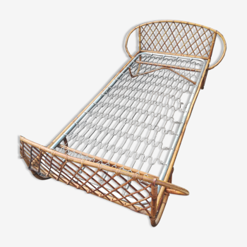 Vintage rattan basket bed child bench 60s