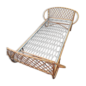 Vintage rattan basket bed child bench 60s