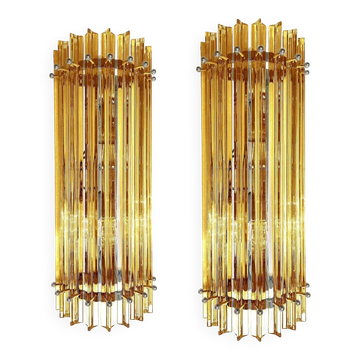 Modern Amber “Triedro” Murano Glass Wall Sconce Pair in Venini Design