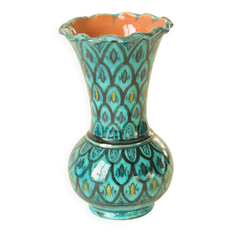 Safi Ceramic Amphora Vase – Turquoise Peacock Patterns - Moroccan Craftsmanship