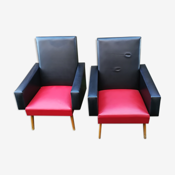 Paire de fauteuil vintage en rouge et noir