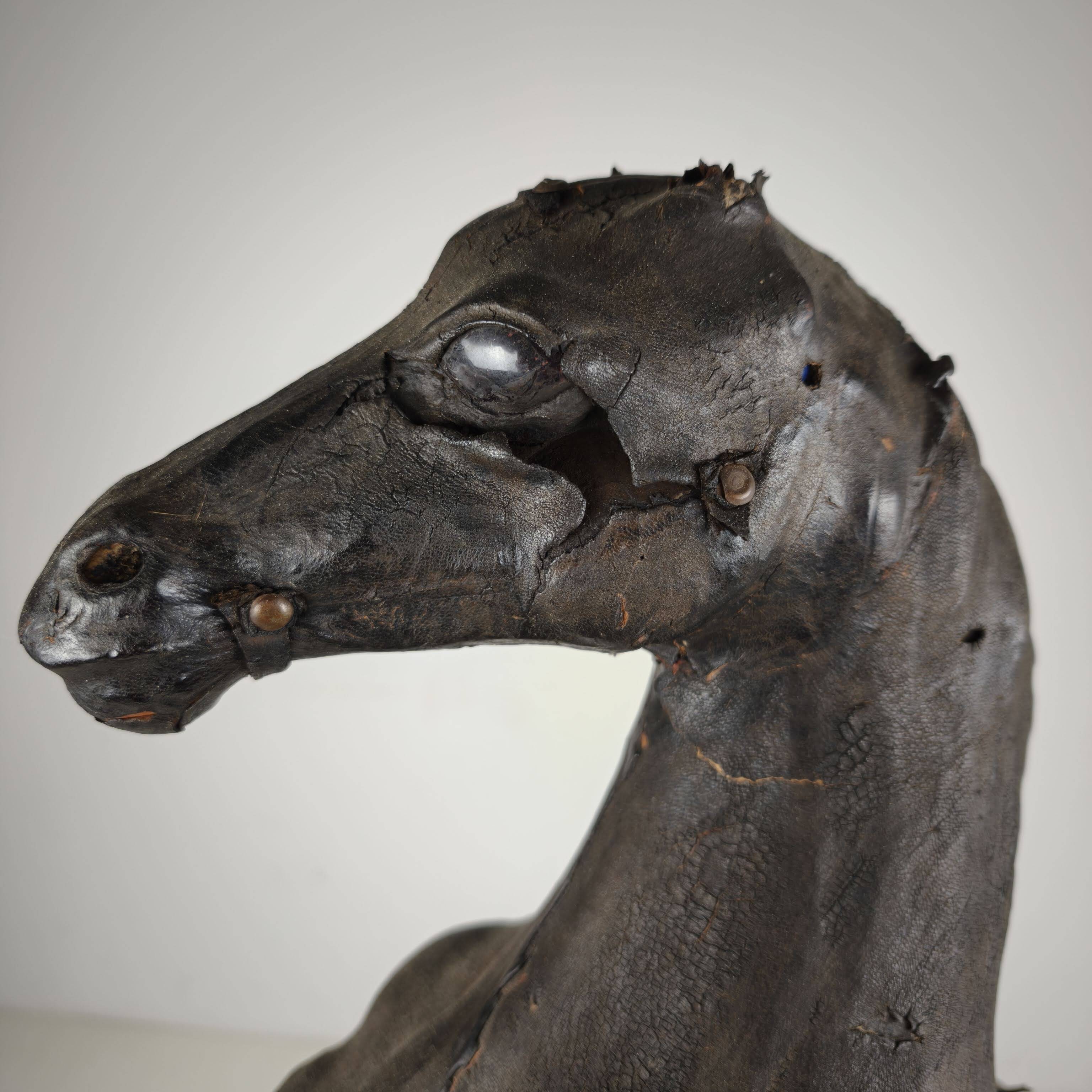 Early 20th Century Antique Leather Horse Sculpture with Glass Eyes