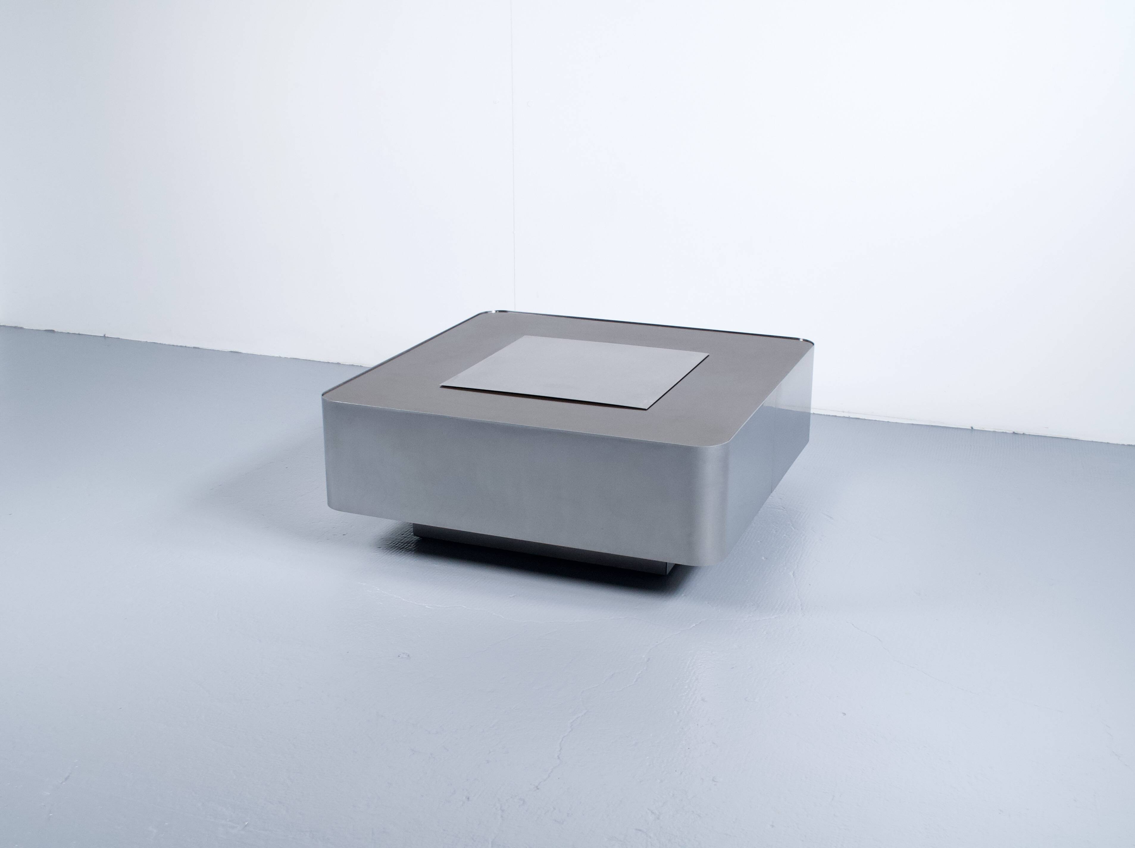 1970s COFFEE TABLE BAR BRUSHED STEEL AND BROWN MELAMINE