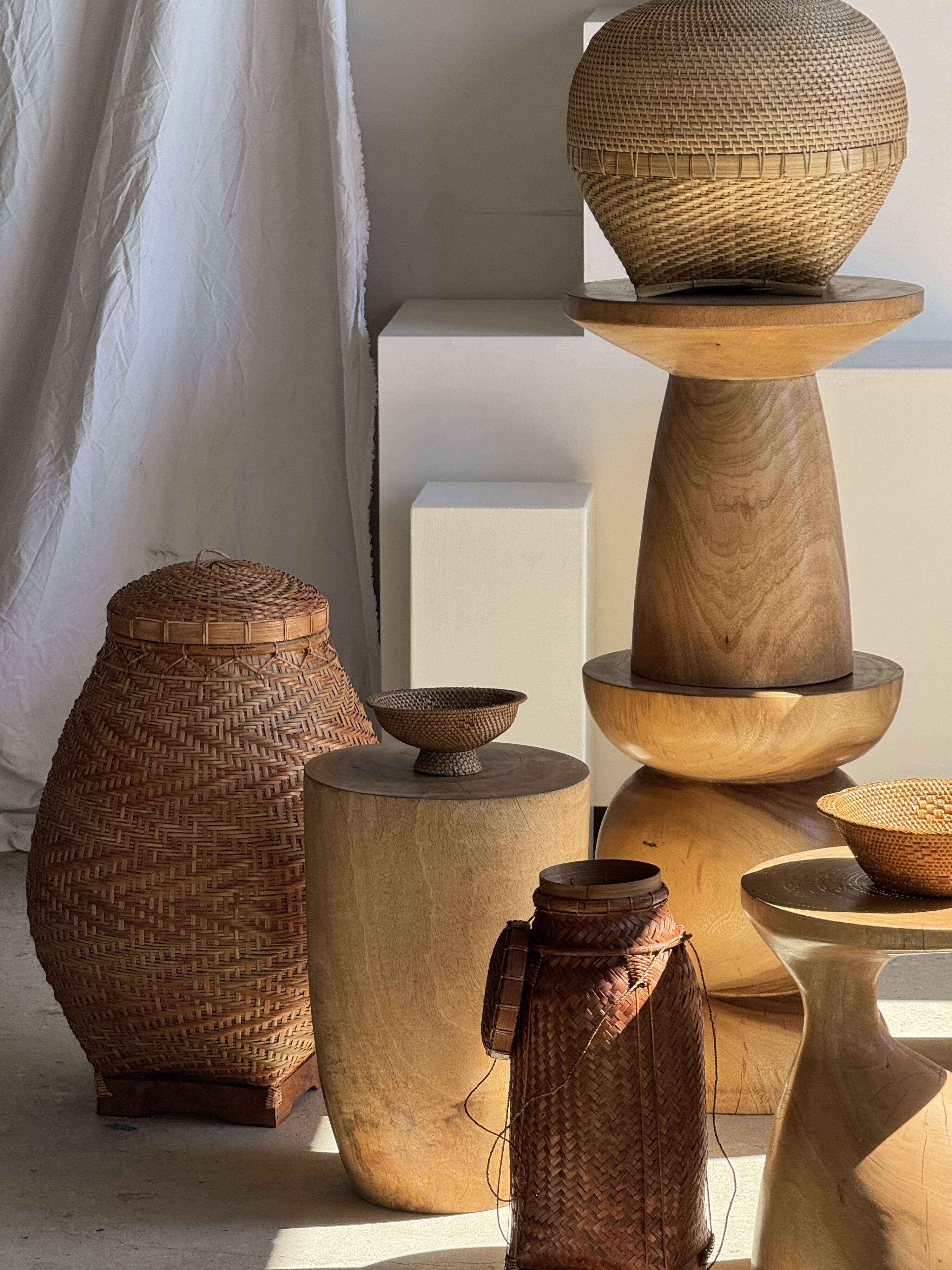 Stool, side table, cylindrical solid mango wood end table.