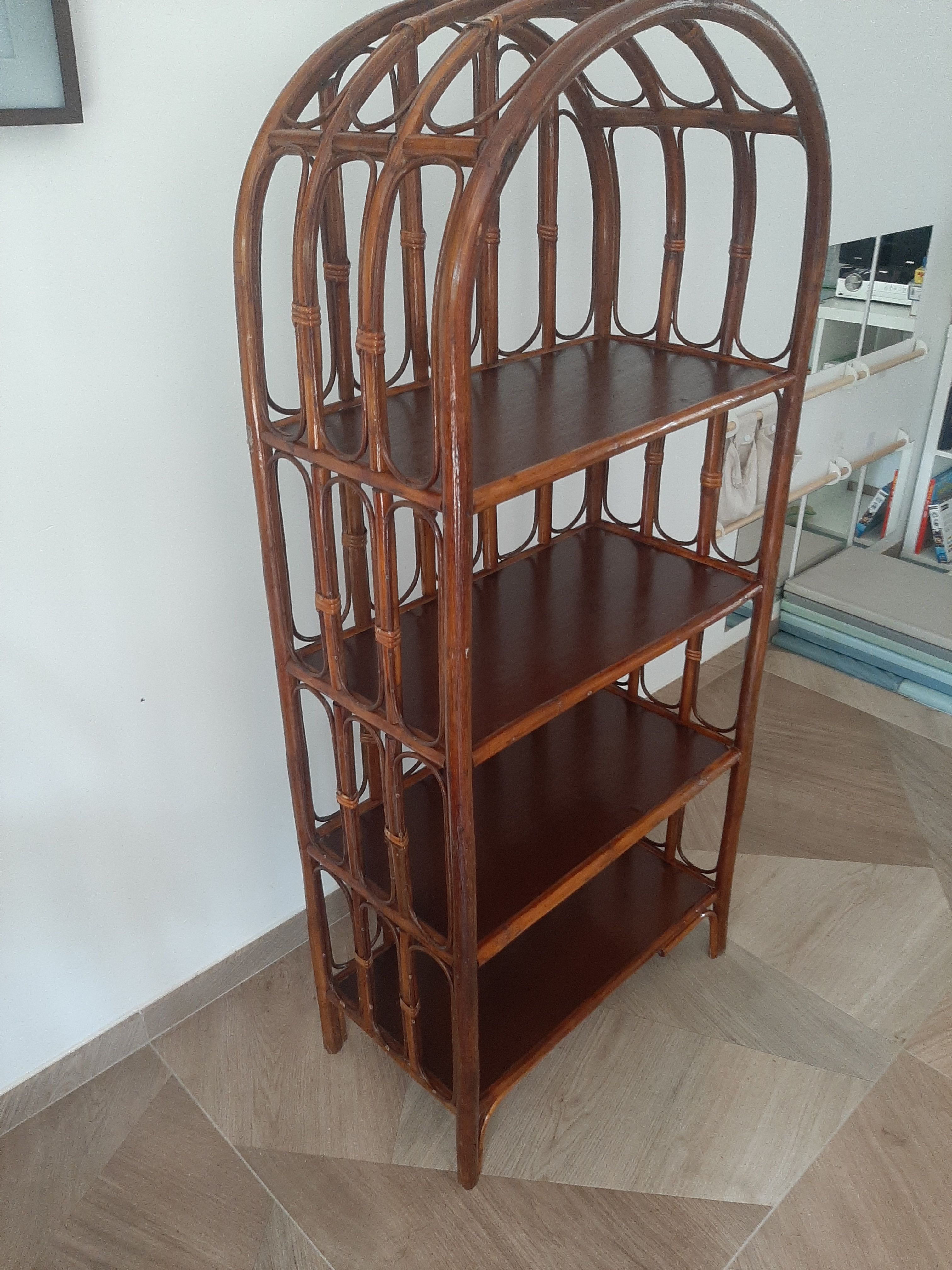Vintage library 4 levels - wood, bamboo and rattan - retro 80s