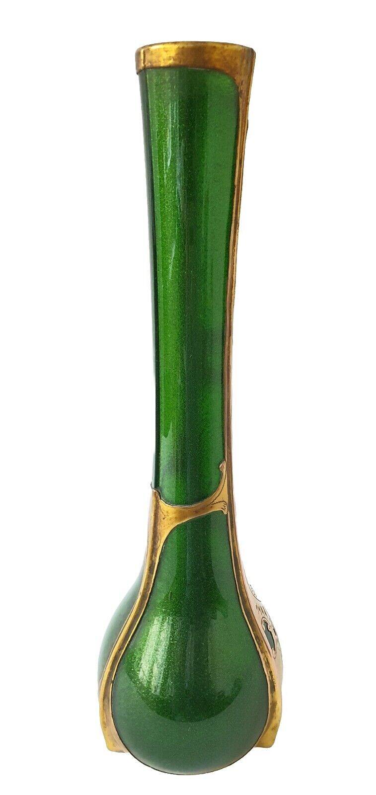 Soliflore vase legras imperial green copper decors enhanced with gold unsigned