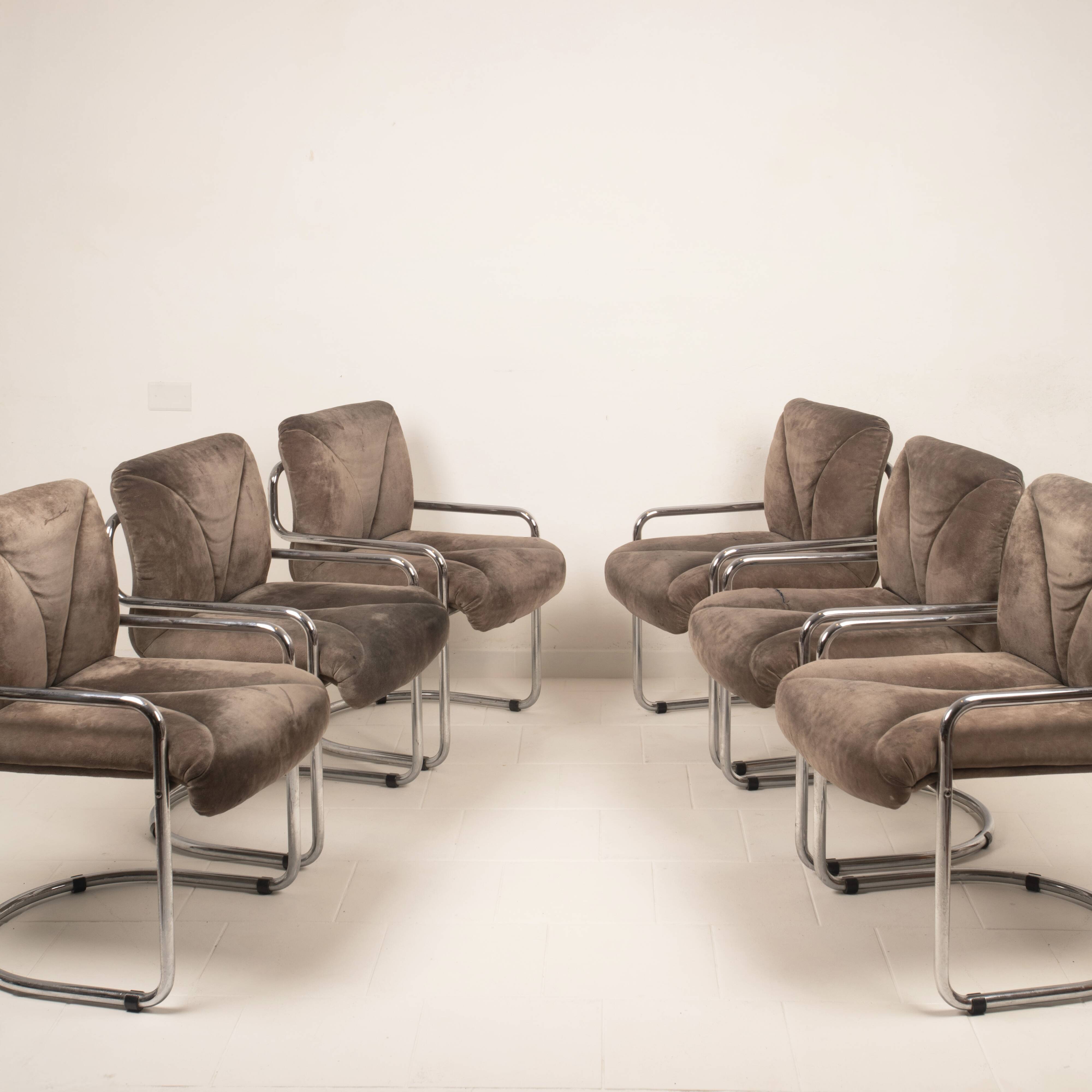 Guido Faleschini Italian Astro Chrome and Taupe Suede Armchairs for i4 Mariani