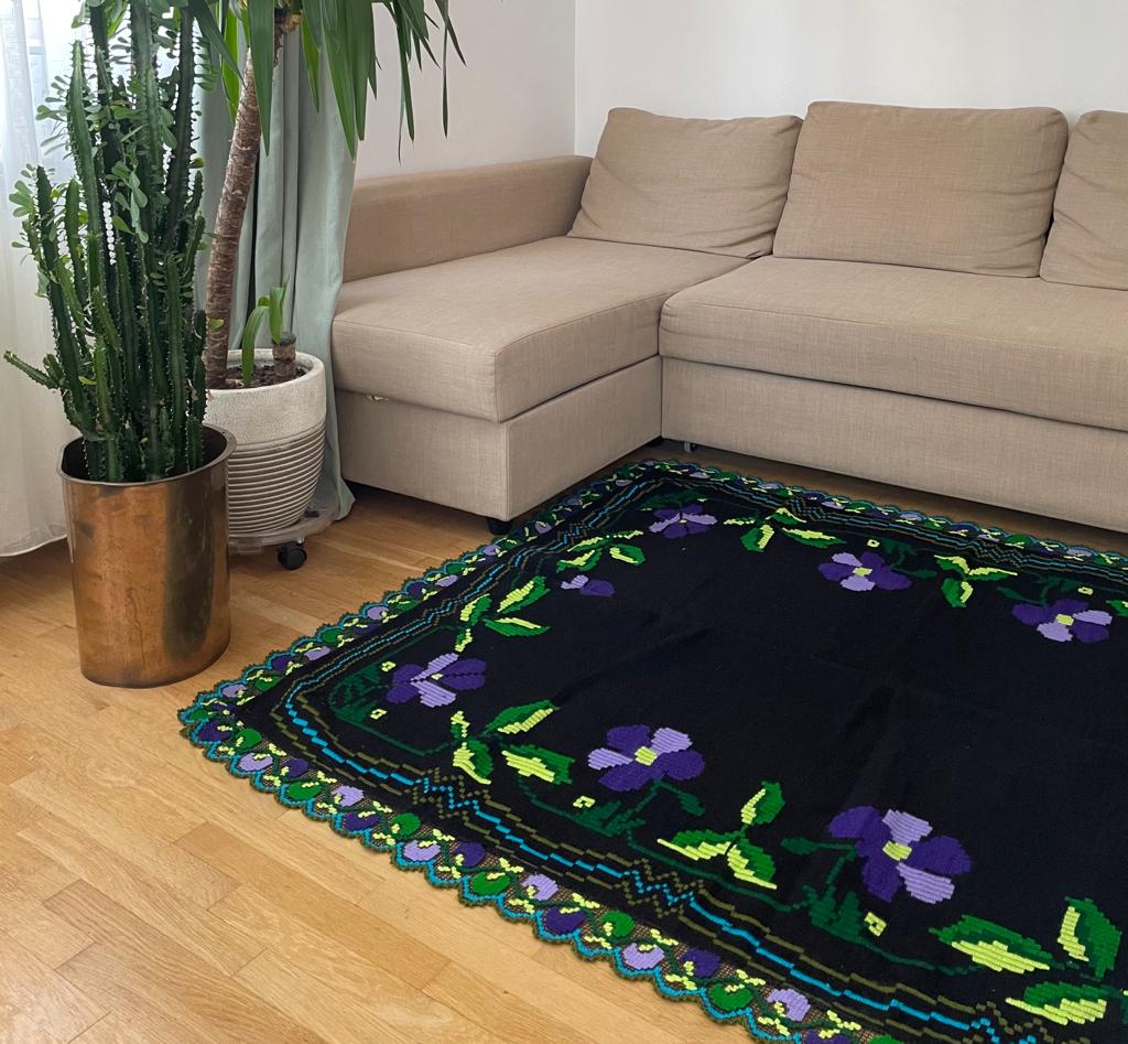 Floral handmade vintage rug, purple floral design with crochet border 145x174cm