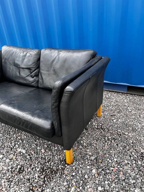 Danish vintage 2 seater black leather sofa 1970s