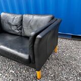 Danish vintage 2 seater black leather sofa 1970s