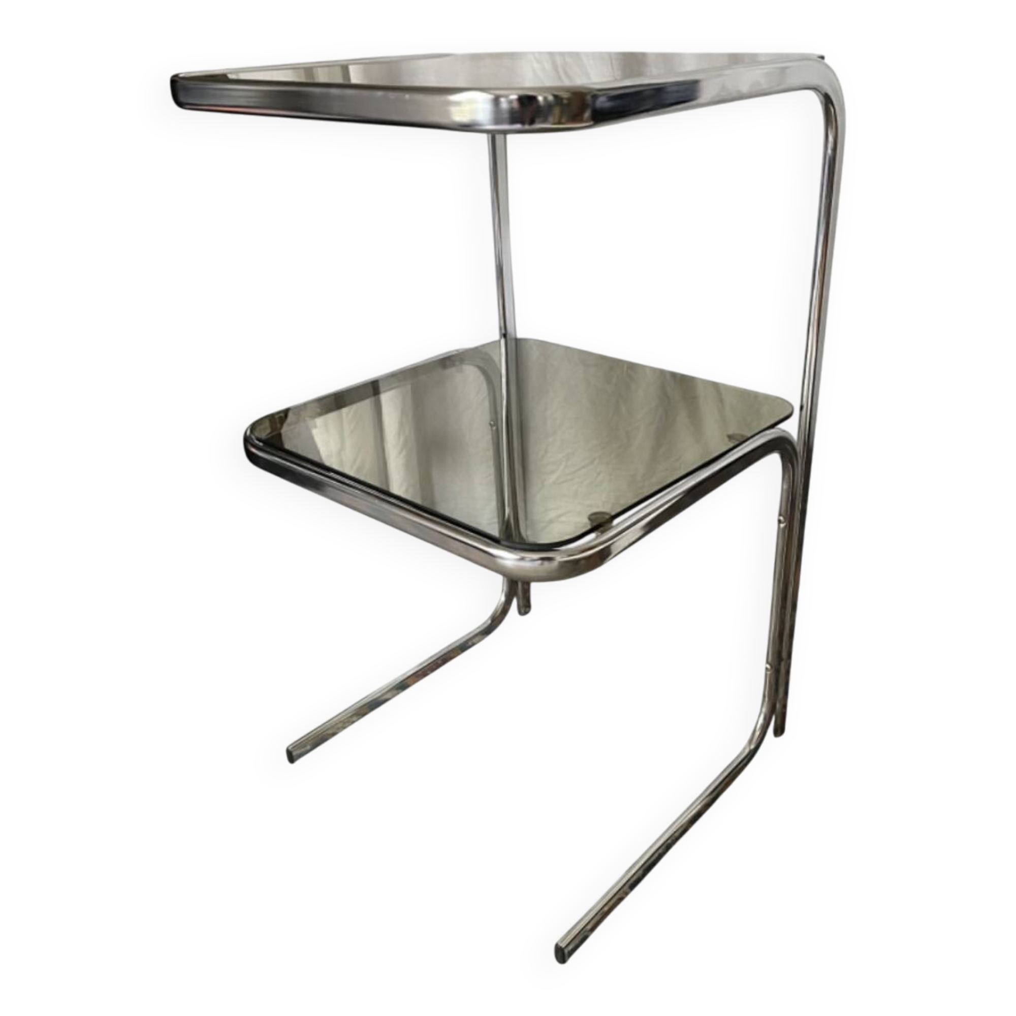 Table d’appoint vintage années 70 en verre fumé et chrome