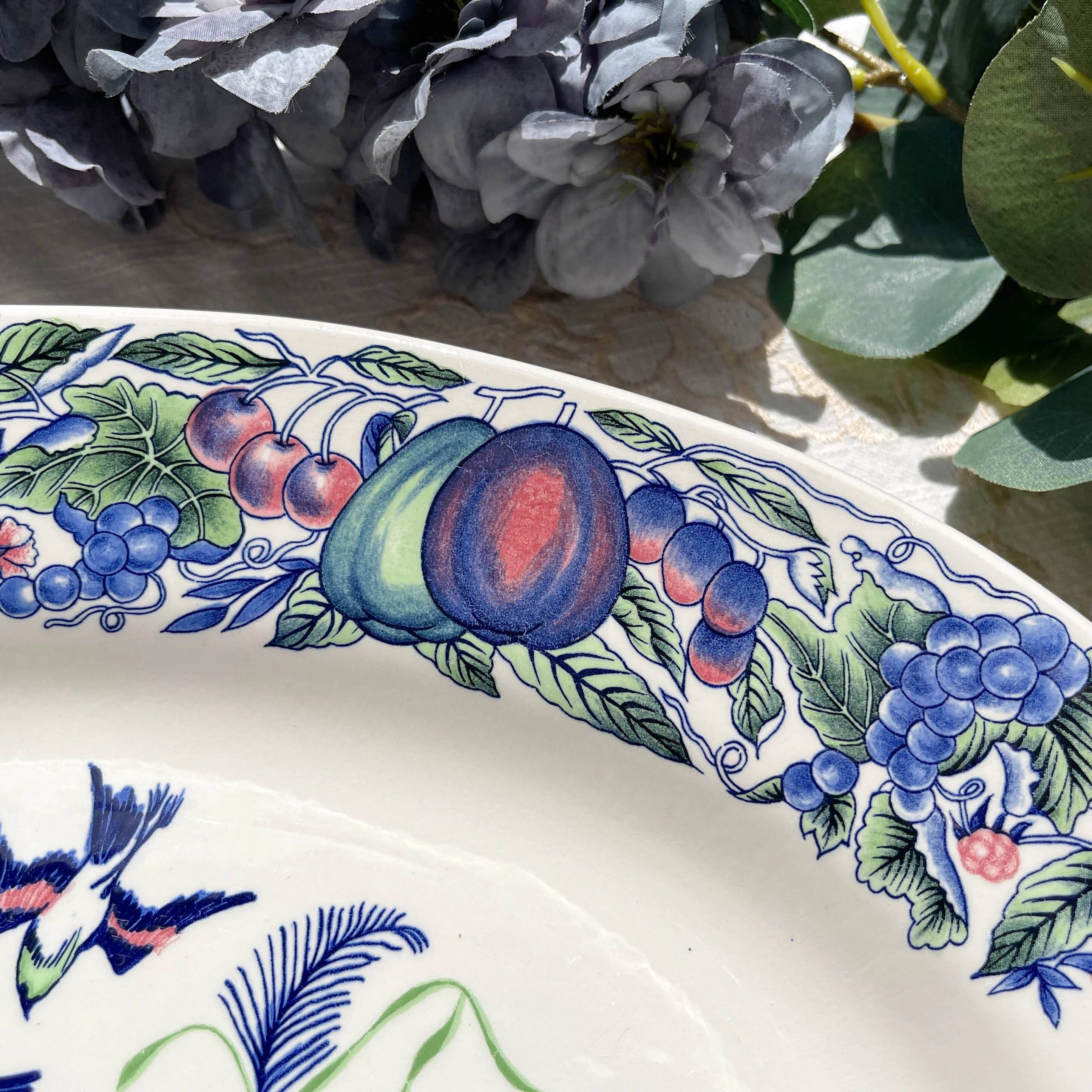 Large antique oval platter in Italian Stoviglierie earthenware – blue, green, and pink bird and flower motif