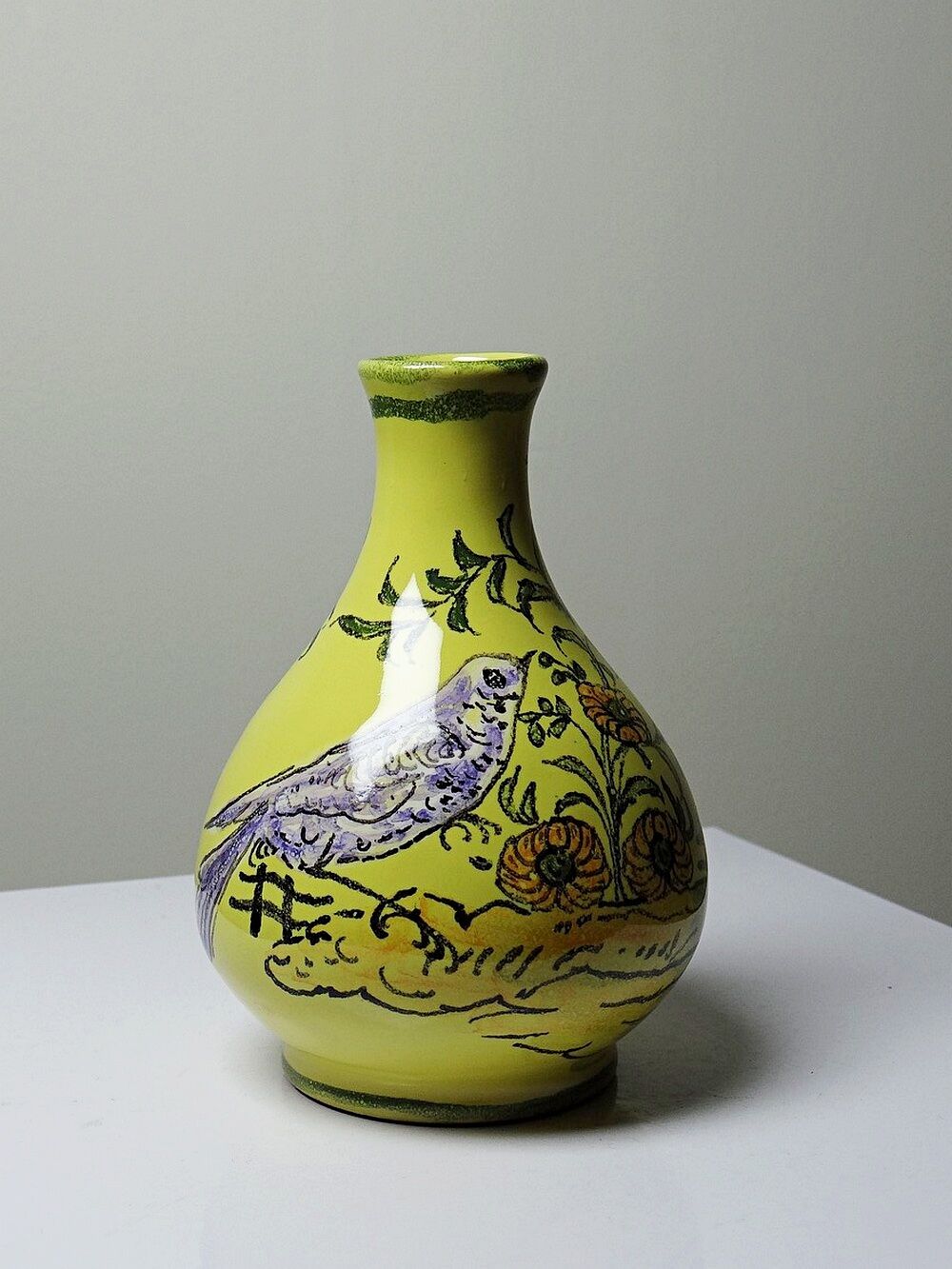 Small ceramic vase signed Henri Siffre Montpellier, bird decoration, 1950s-60s.