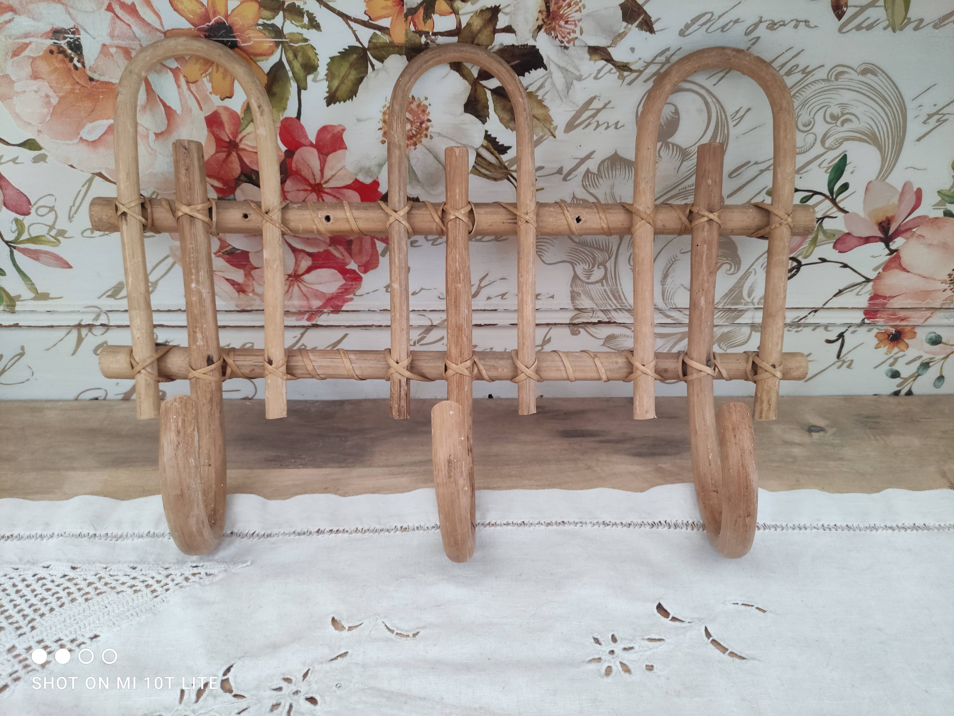 Vintage rattan coat hook with 3 hooks