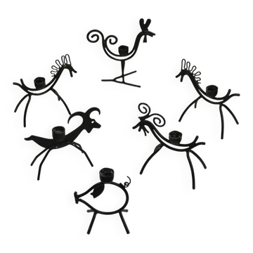 Set of 6 Black Metal Farm Animal Candleholders — Gunnar Ander for Ystad-Metall, Sweden, 1960s