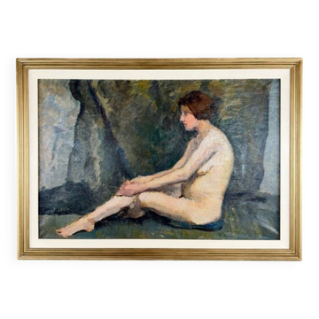 Tableau Huile Sur Toile Nu Assis , Ecole Française, Début Du XXe Siècle