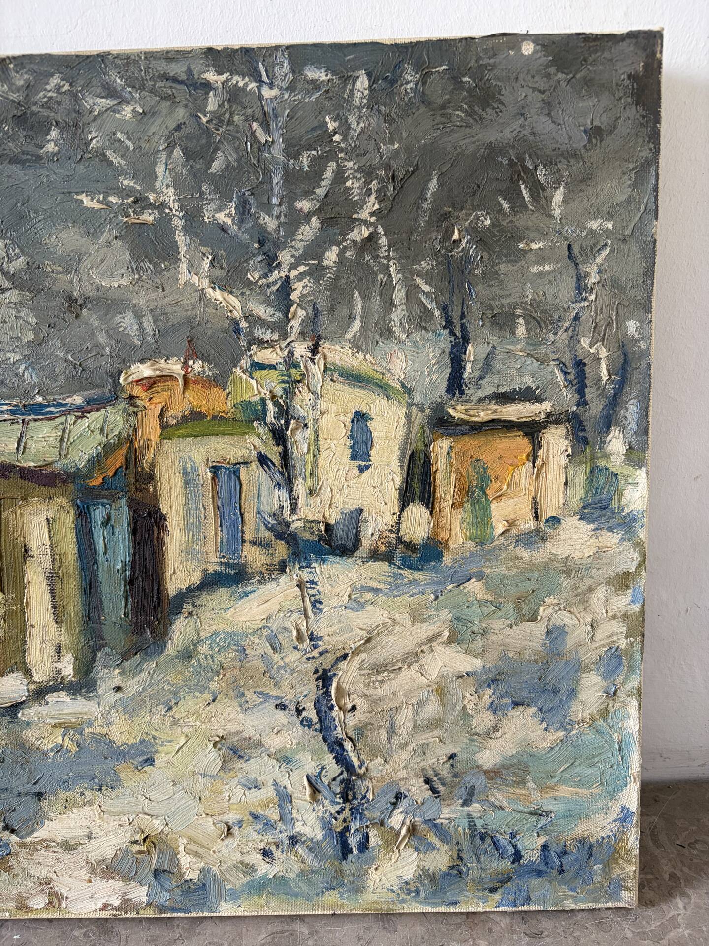 Snowy village, knife oil, signed