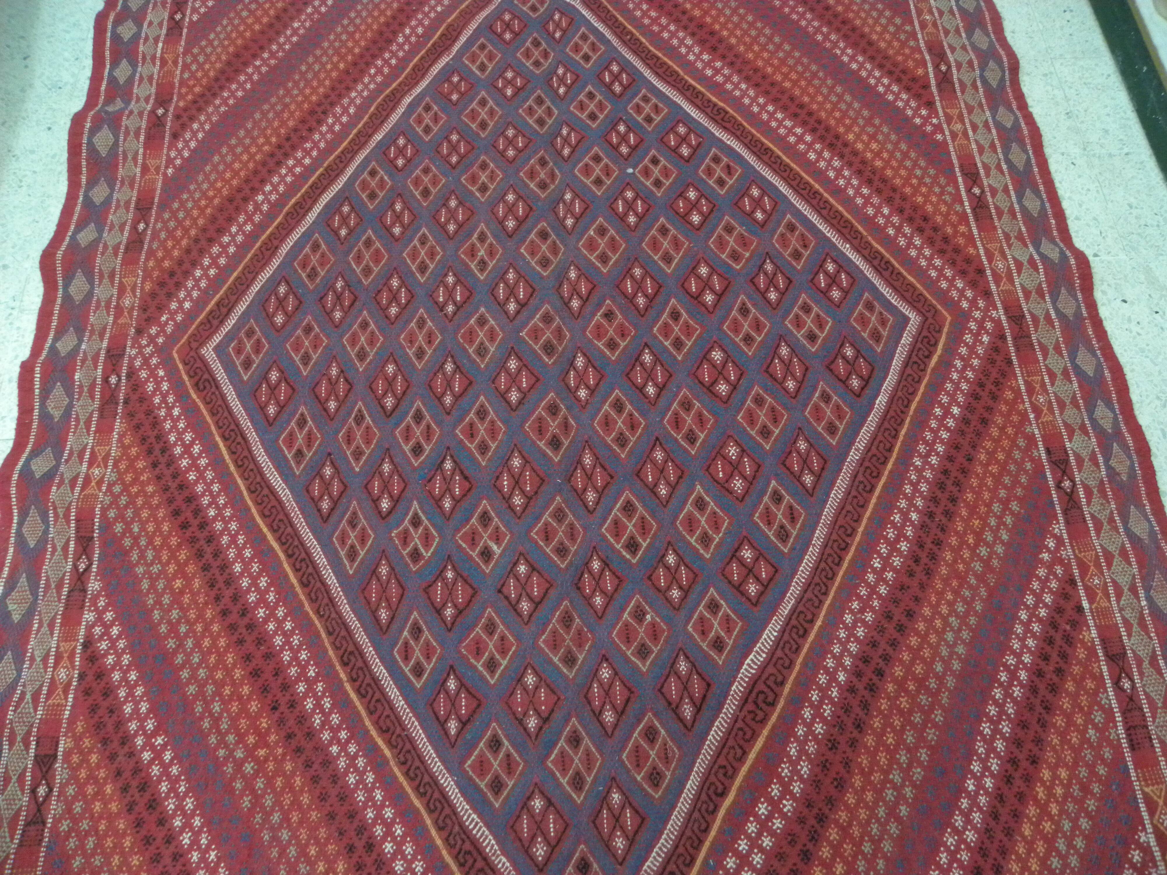 Vintage Tunisian Berber Nomadic Tribal Rug Old Red Diamond Pattern