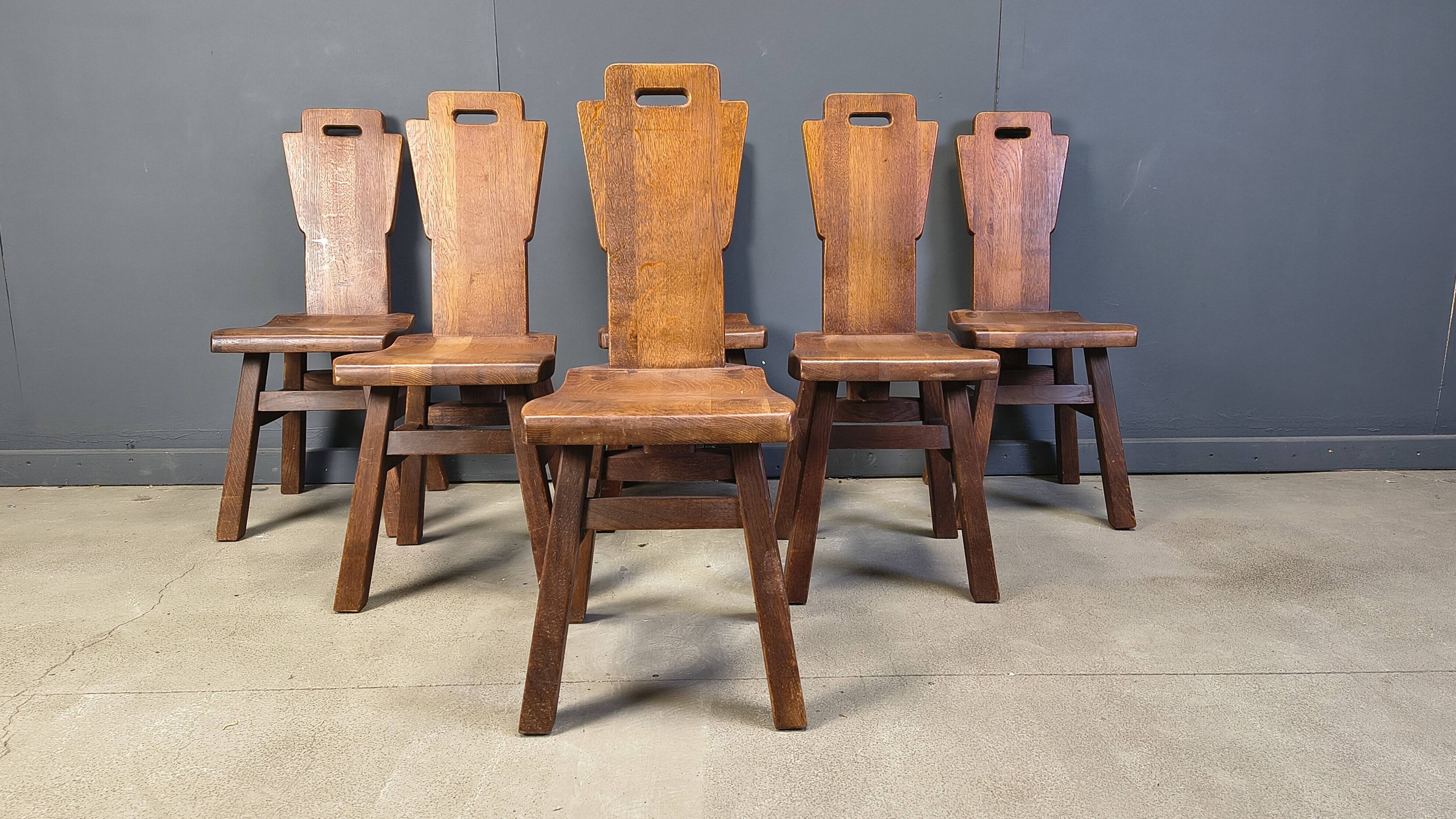 Vintage oak brutalist chairs, 1970s set of 6