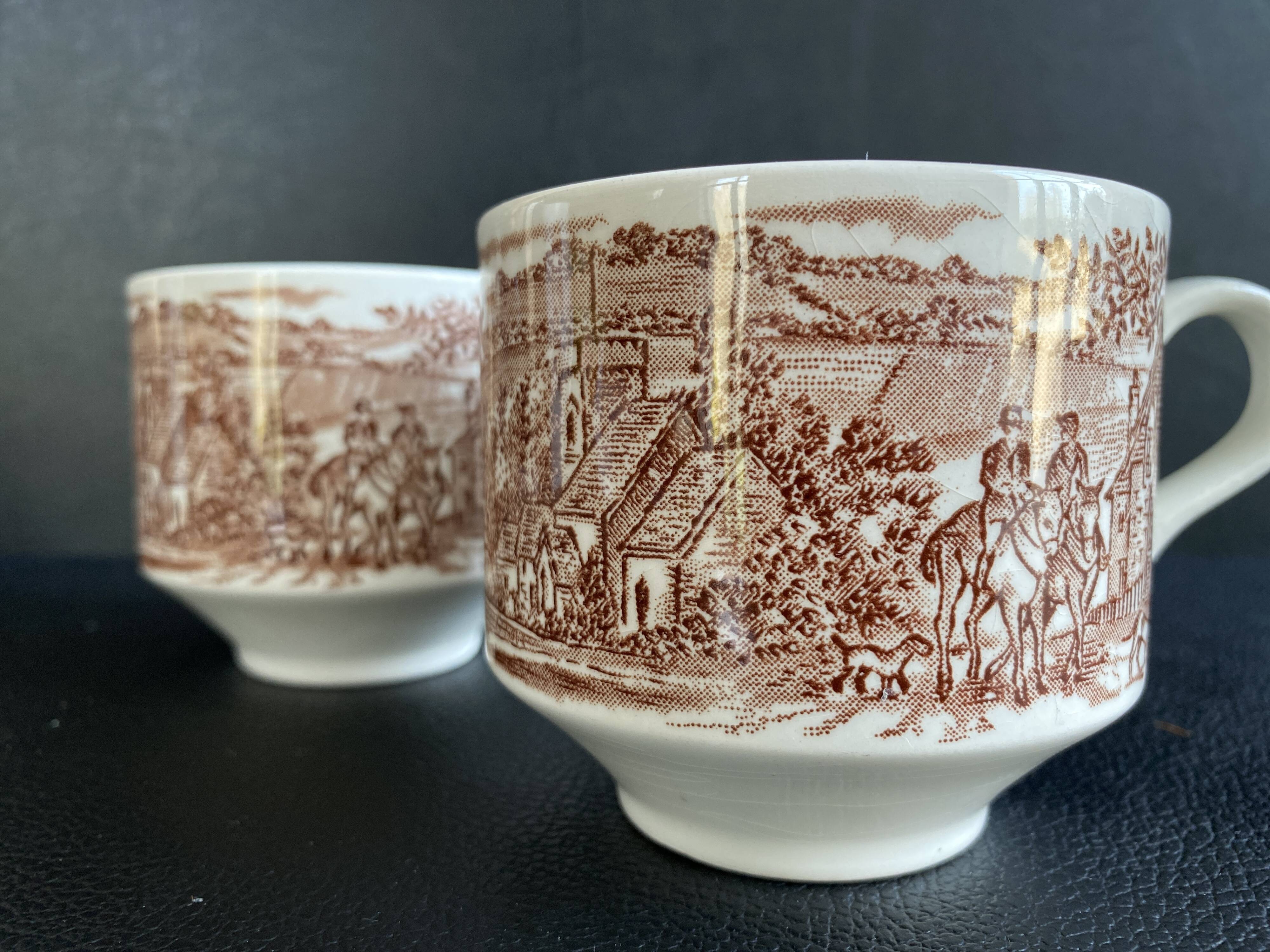Duo of English Cups & Saucers Broadhurst Ironstone - Hunting Scene