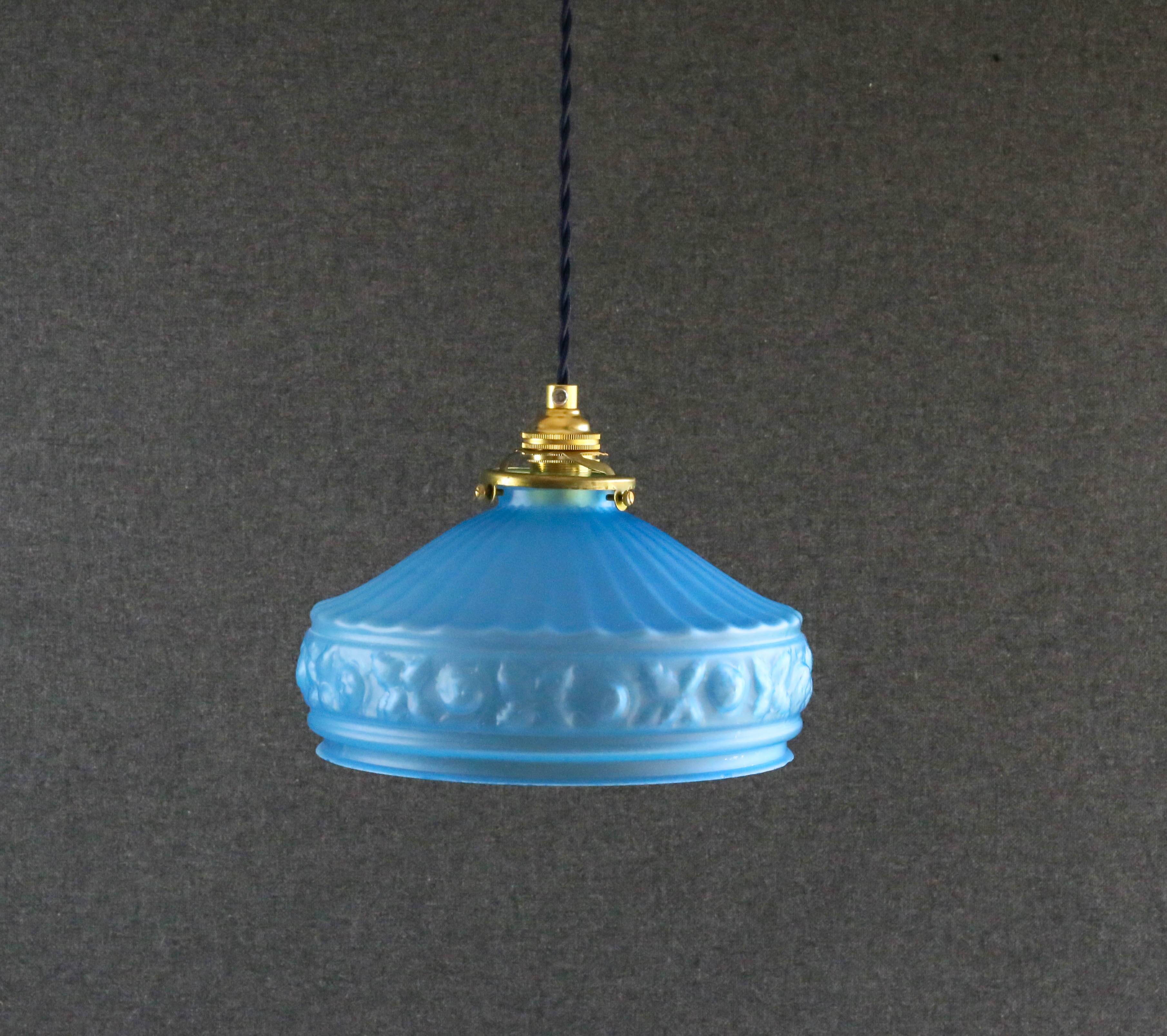 Old pendant lamp in blue translucent glass - circa 1930 - delivered with