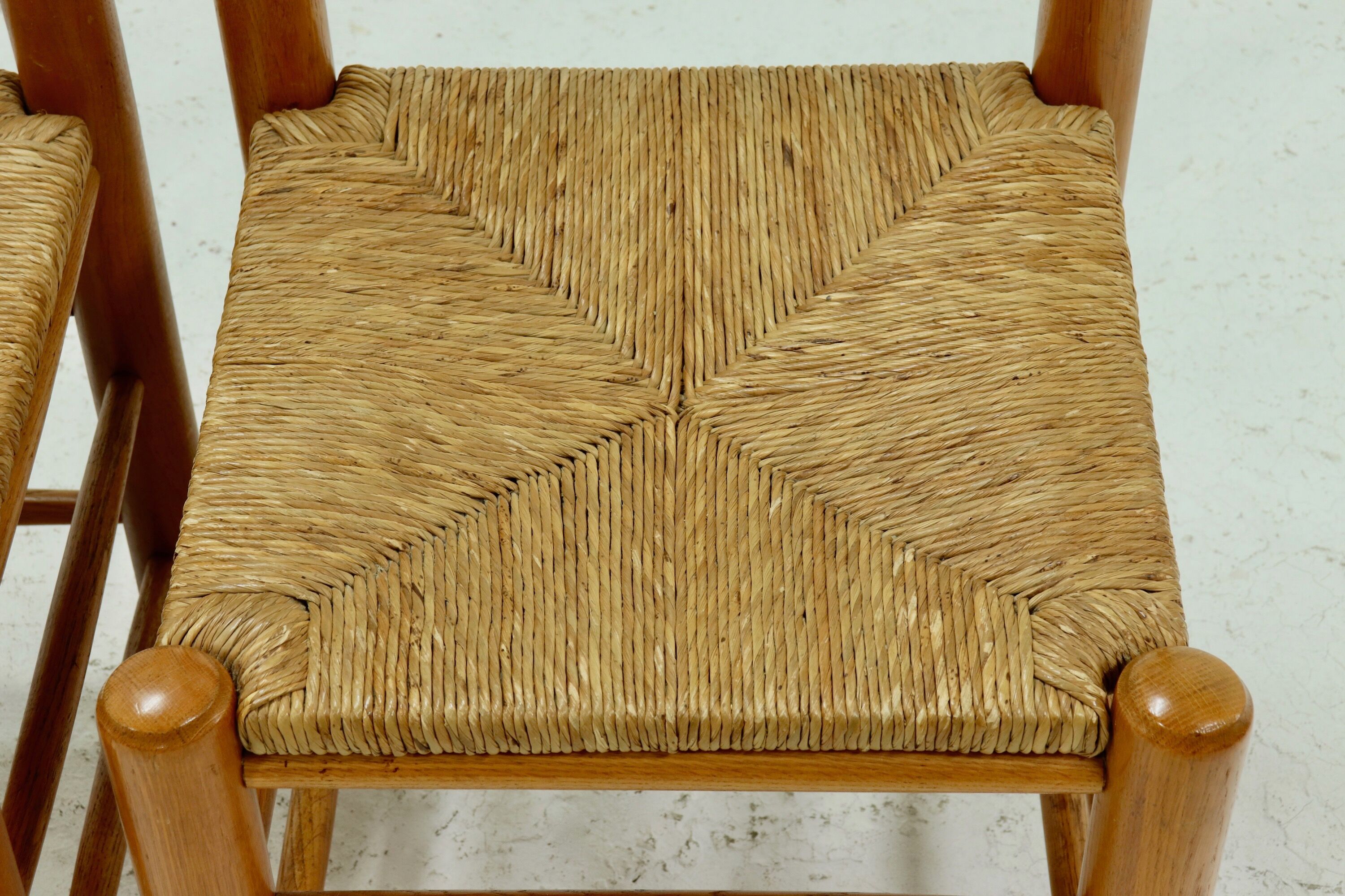 Set of 4 solid oak & rush brutalist dining chairs 1960s