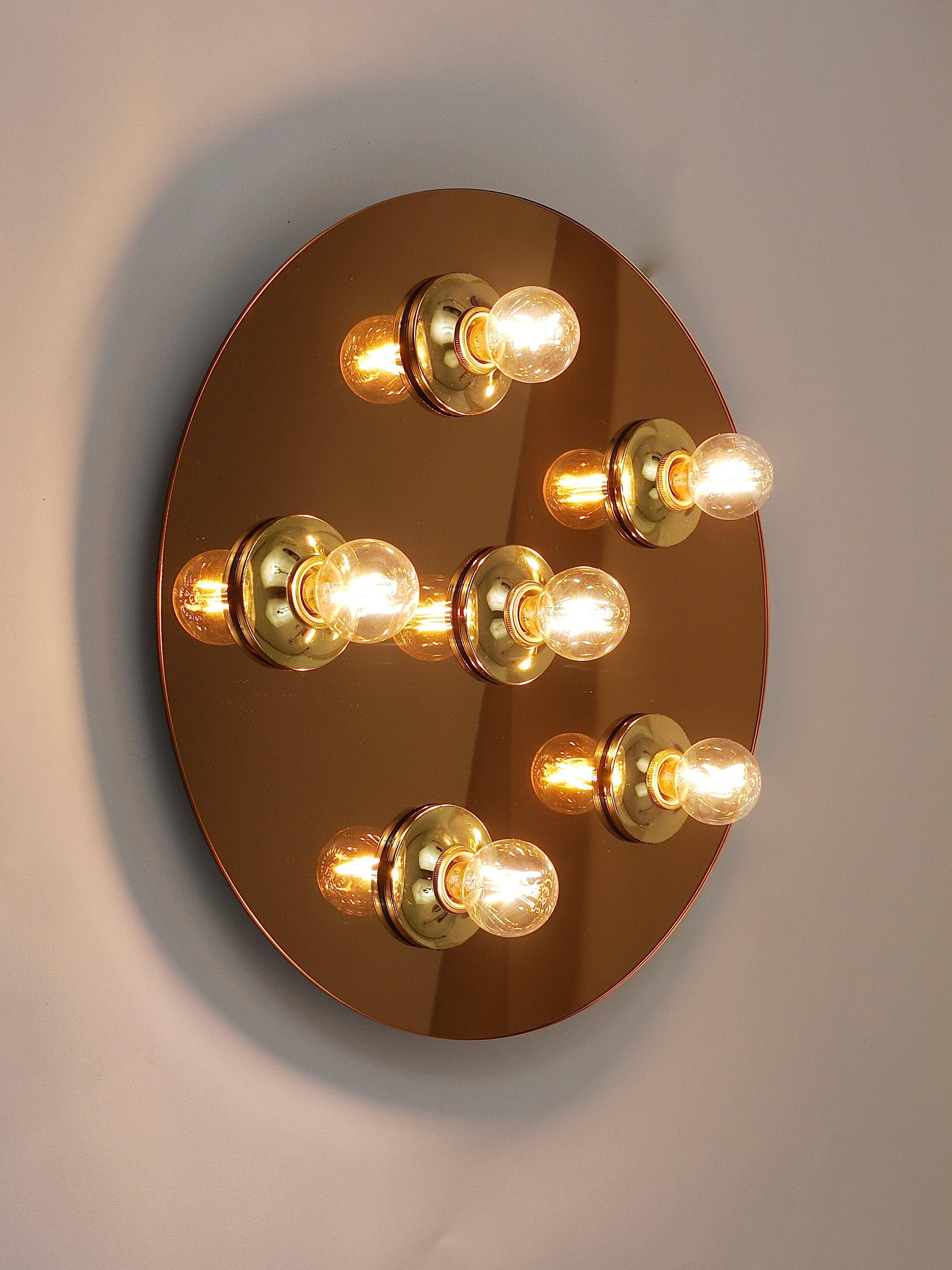 Fontana Arte Style Mirror in Gilded Bronze Glass Ceiling Light or Wall Sconce, Italy, 1970s