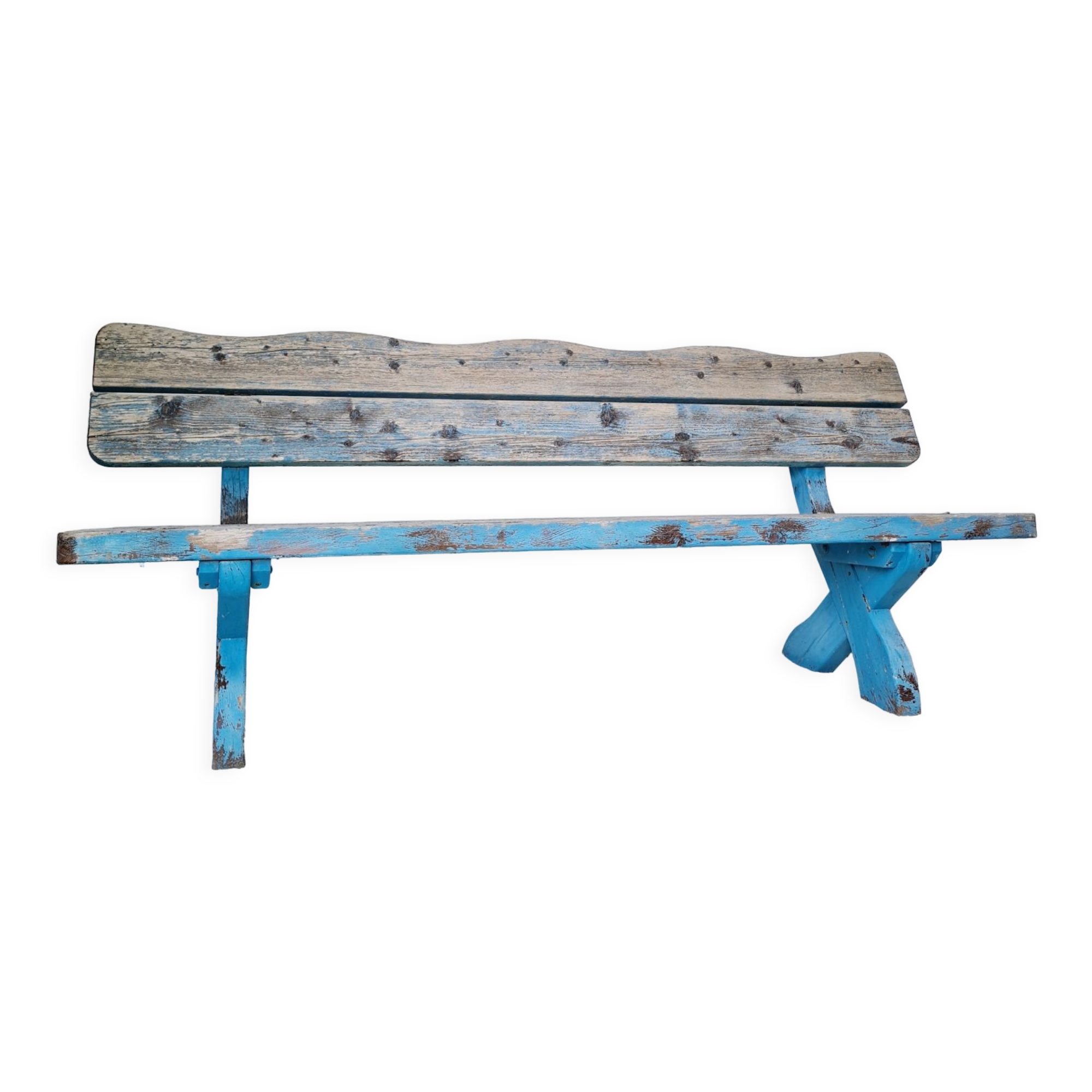 Outdoor bench in patinated blue solid wood