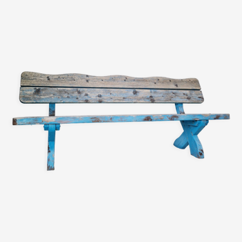 Outdoor bench in patinated blue solid wood