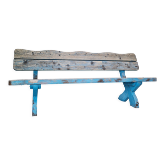 Outdoor bench in patinated blue solid wood