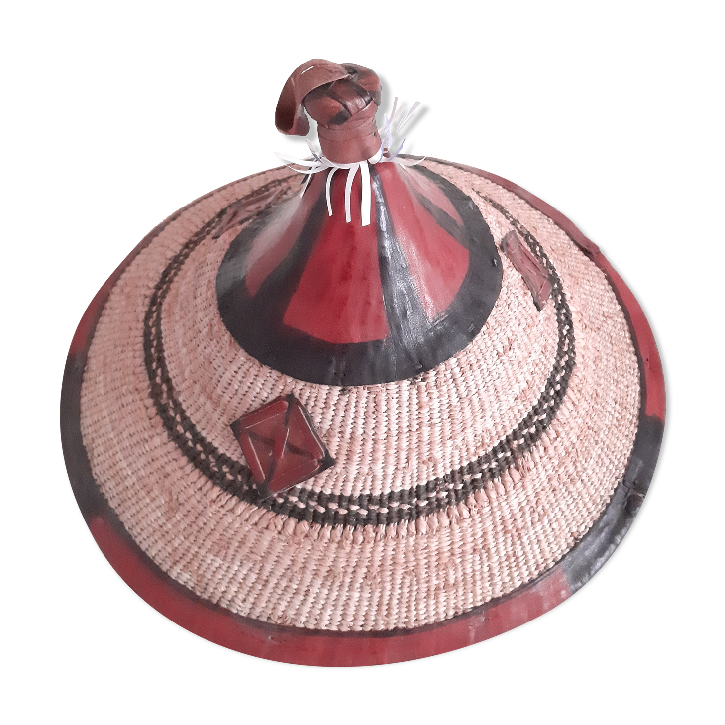 Old hat décor round, braided straw and leather